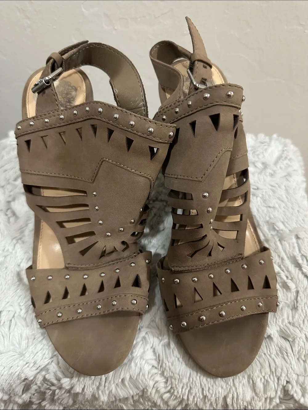 Vince Camuto Taupe Cutout Studded Slingback Heels
